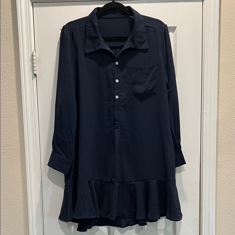 Navy Ruffle Hem Button-Up dress large - Picture 3 of 5
